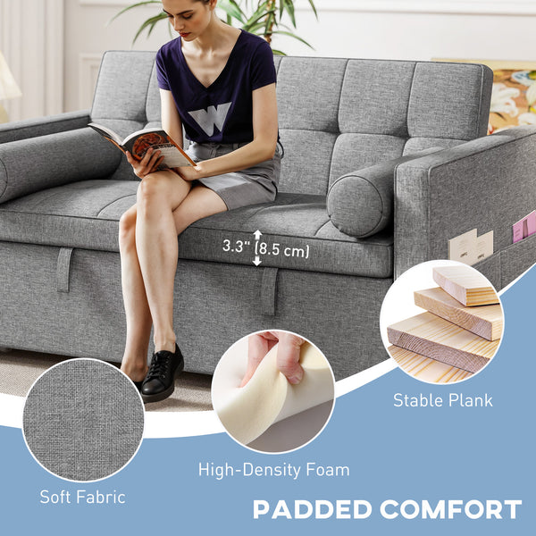 Futon two-seater trundle sofa bed in linen with USB ports, grey