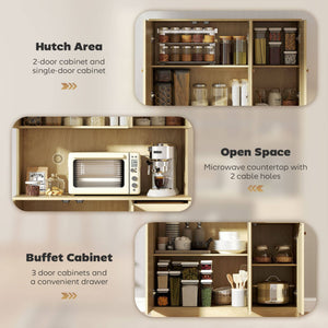 Buffet de cuisine avec plan de travail pour micro-ondes style bohème, avec portes décoratives en rotin, couleur naturelle