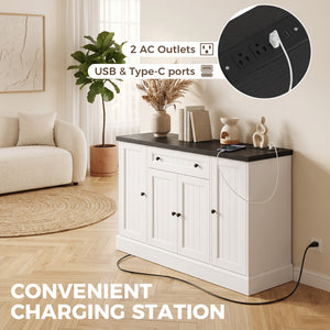 47" Farmhouse Sideboard Buffet Cabinet with Charging Station, Coffee Bar Cabinet with 3 Adjustable Shelves, White