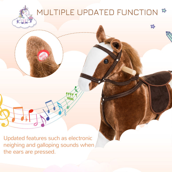 Kids Plush Rocking Horse Ride-On Toy with Realistic Sound (Brown)