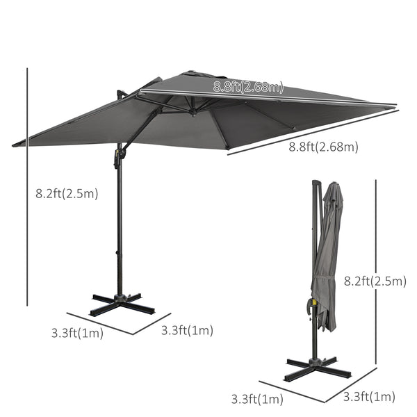 Parasol déporté de 2,74 m (9 pi), carré à pied en croix, manivelle, inclinaison, rotation à 360° et structure en aluminium, gris foncé