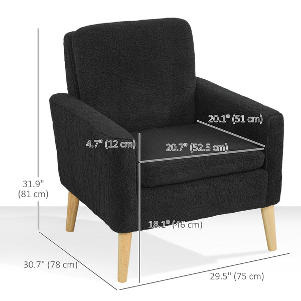 Fauteuil d'appoint en tissu avec pieds en bois et large assise rembourrée, noir
