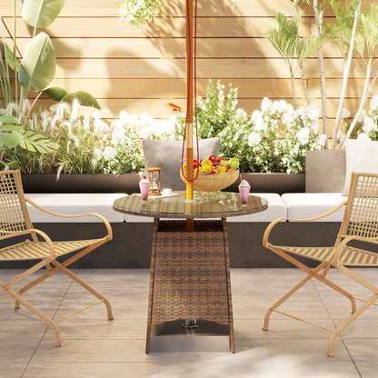 Table de jardin ronde avec trou pour parasol, table basse bistro avec plateau en verre trempé, marron