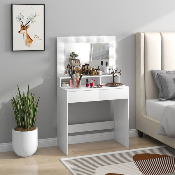 Coiffeuse avec miroir à éclairage LED et tiroirs, blanche