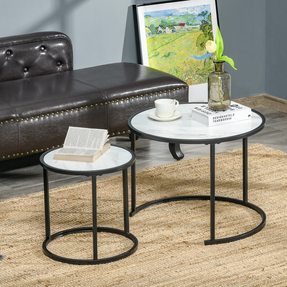 Lot de 2 tables rondes gigognes, blanc et noir