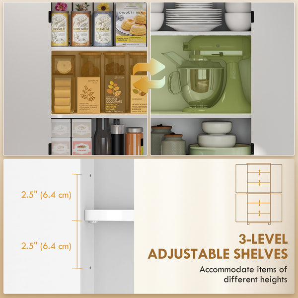 Armoire de rangement de cuisine style ferme moderne, avec 4 portes à chevrons et 4 étagères réglables, blanche.
