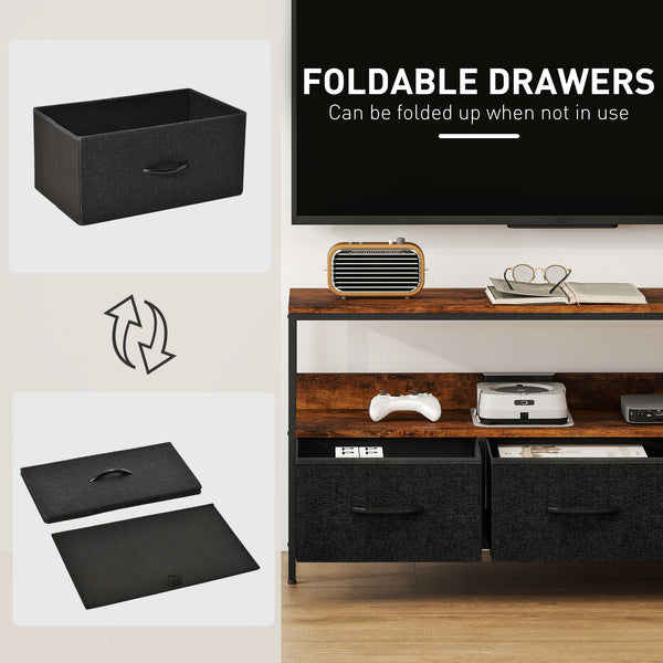 Furniture with charging station, 3 foldable linen drawers and open shelf for a 55-inch TV, rustic brown