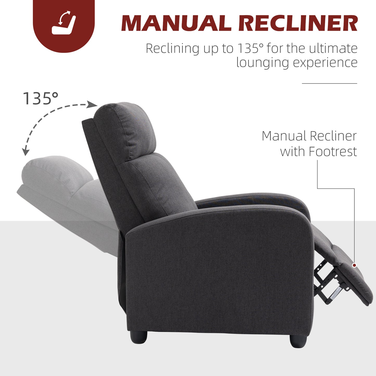 Fauteuil inclinable manuel en tissu respirant pour cinéma maison avec assise rembourrée, gris foncé