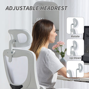 High-back mesh office chair with swivel headrest, cream white