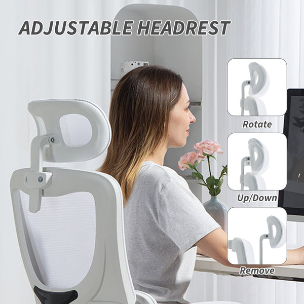 High-back mesh office chair with swivel headrest, cream white