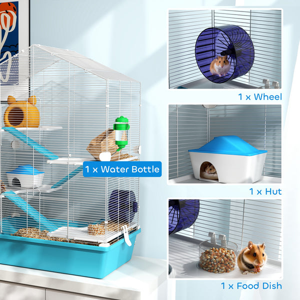Cage pour hamster à 5 niveaux avec plateformes, rampes et accessoires – Blanc et bleu pâle