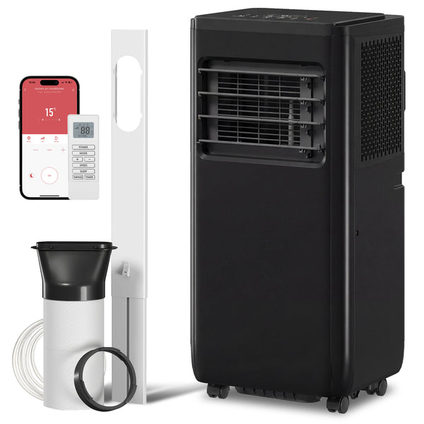 Climatiseur portable 4 en 1, 8000 BTU avec fonctions refroidissement, déshumidification, ventilation, mode sommeil, télécommande vocale Wi-Fi, noir