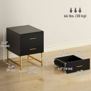 Ensemble de 2 tables de chevet avec tiroirs cannelés et structure en métal – Noir et doré