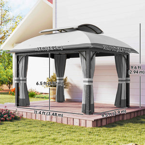 11' x 13' Patio Gazebo, Double Roof Outdoor Gazebo Canopy with Netting & Curtains, Galvanized Metal Frame, Light Grey