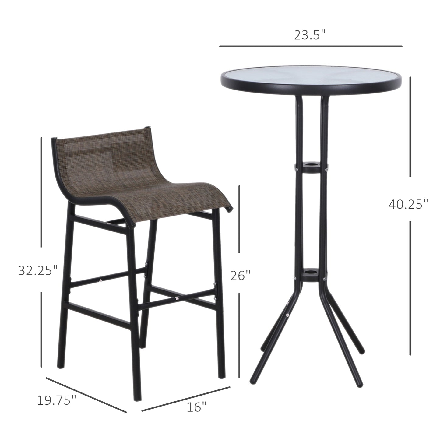 Ensemble de bar de patio 3 pièces avec 2 tabourets de bar et 1 table de bar en verre trempé, beige