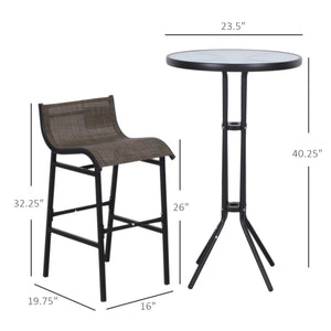Ensemble de bar de patio 3 pièces avec 2 tabourets de bar et 1 table de bar en verre trempé, beige