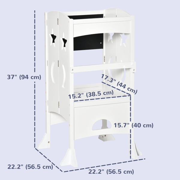 Tabouret de cuisine pliable pour tout-petits avec tableau noir et rampe verrouillable, Blanc