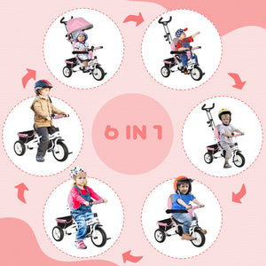 6 in 1 Toddler Tricycle Stroller with Basket, Canopy, 5-Point Safety Harness, 12-60 Months, Pink