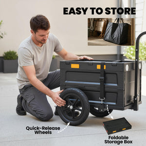Remorque vélo avec coffre de rangement pliable et couvercle, roues à démontage rapide, autocollants réfléchissants et drapeau de sécurité