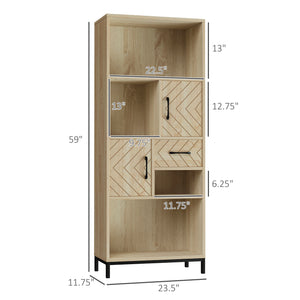 Bibliothèque 59", étagère de rangement avec armoires, tiroirs et compartiments ouverts, bois naturel