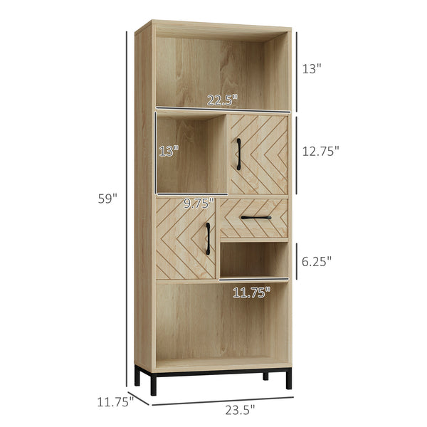 Bibliothèque 59", étagère de rangement avec armoires, tiroirs et compartiments ouverts, bois naturel