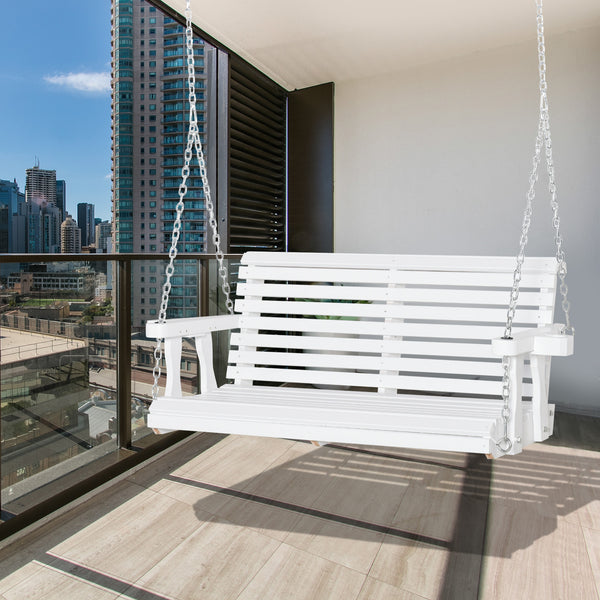 Balancelle de porche 2 places en bois avec porte-gobelet et chaînes, blanche
