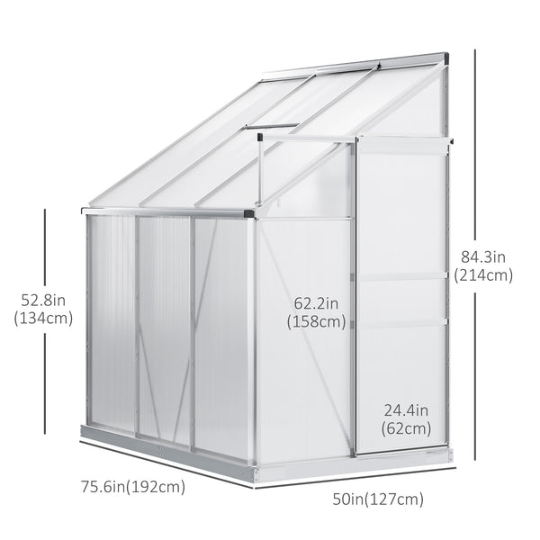 Lean-to greenhouse made of aluminum and polycarbonate with adjustable roof ventilation