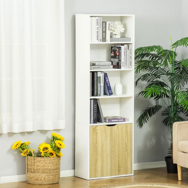 Bibliothèque ouverte à 4 niveaux avec portes pour salon, salle de bain, bureau, chêne