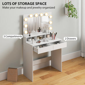 Coiffeuse avec miroir à éclairage LED, station de charge et tiroirs, blanche