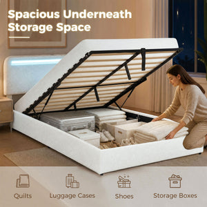 Cadre de lit Queen Size avec station de recharge, éclairage LED, tête de lit réglable, blanc