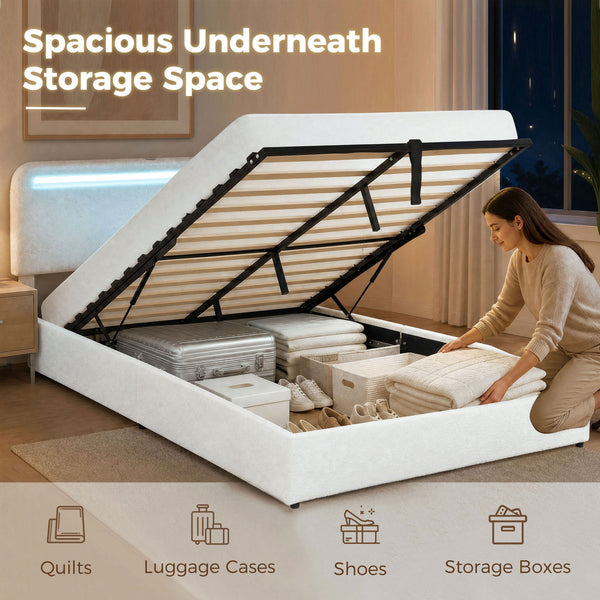 Cadre de lit Queen Size avec station de recharge, éclairage LED, tête de lit réglable, blanc