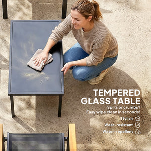 Ensemble de mobilier de jardin 4 pièces avec canapé et table basse en verre trempé, noir.