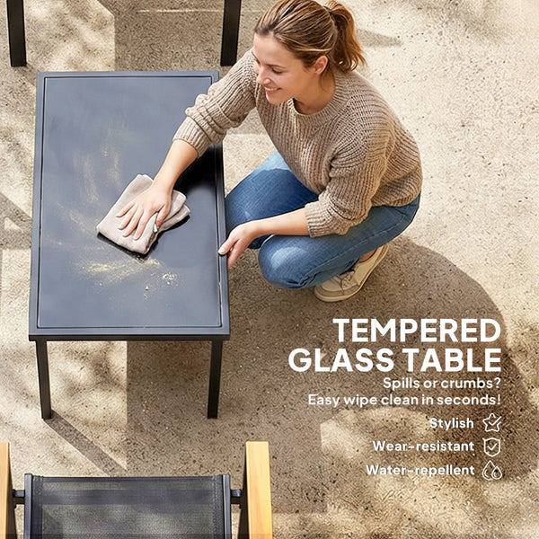 Ensemble de mobilier de jardin 4 pièces avec canapé et table basse en verre trempé, noir.