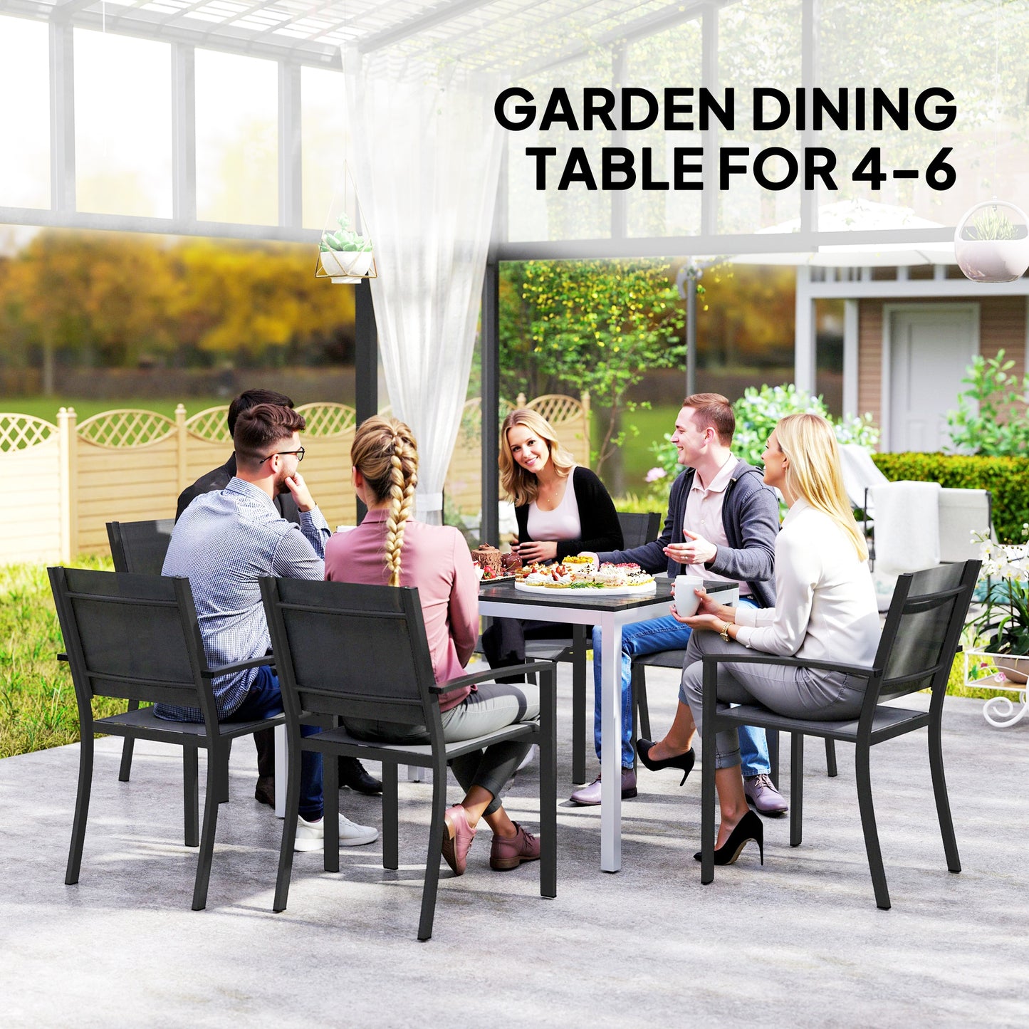 Outsunny Outdoor Dining Table for 4-6 People, Easy-Care Slatted Top, Rust-Proof Aluminum Frame, Black