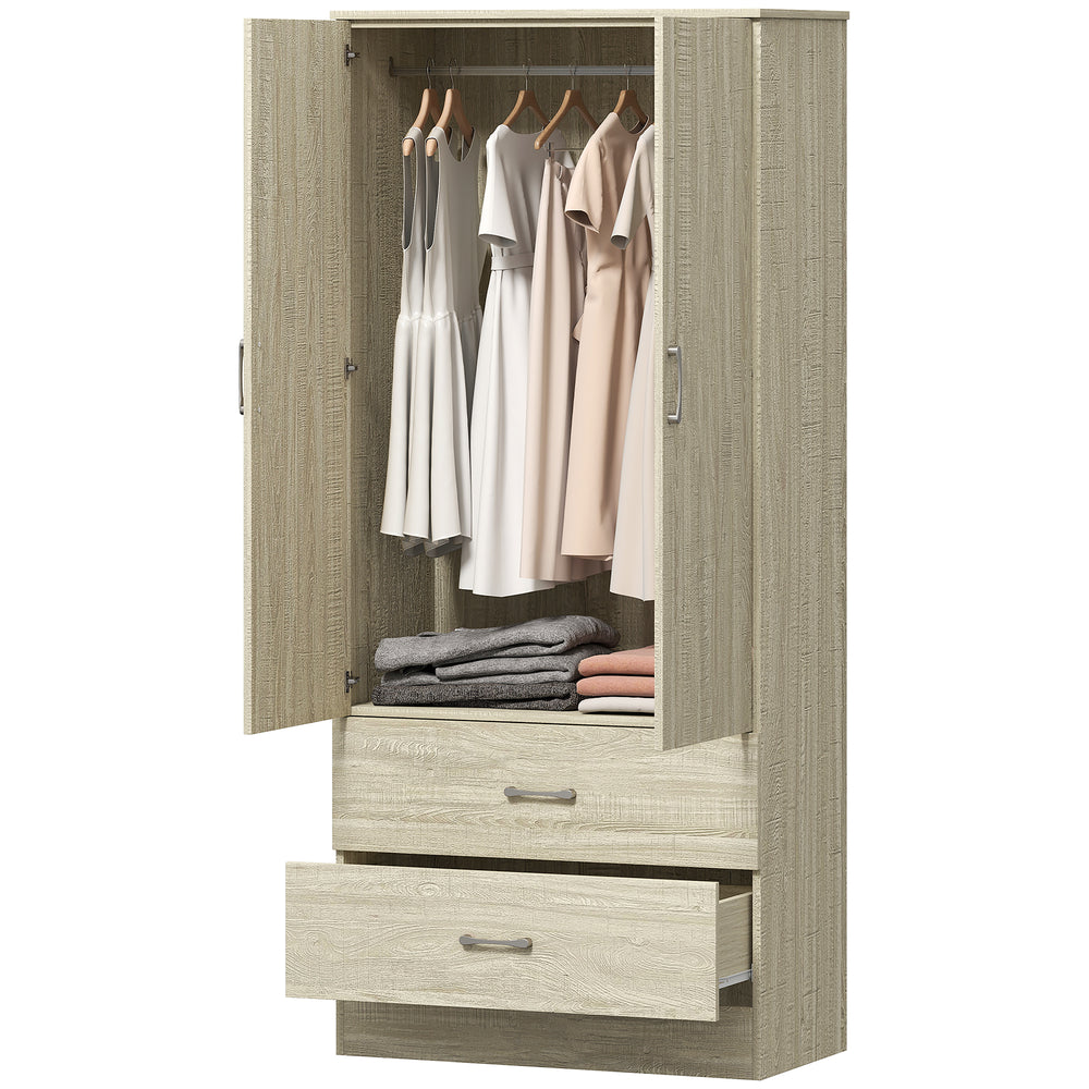 Armoire penderie avec tringle de suspension et 2 portes, rangement pour vêtements avec 2 tiroirs, chêne