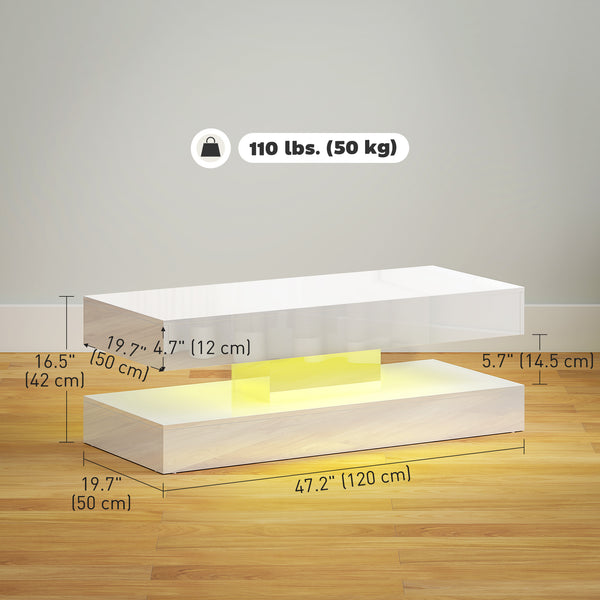 Table basse avec éclairage LED réglable et 2 tiroirs, blanc brillant
