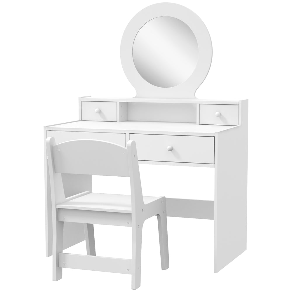 Coiffeuse avec miroir, tabouret et tiroirs de rangement, blanche