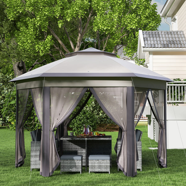 Gazebo pliant 13' x 13' avec filet et sac de transport, hexagonales, café et beige
