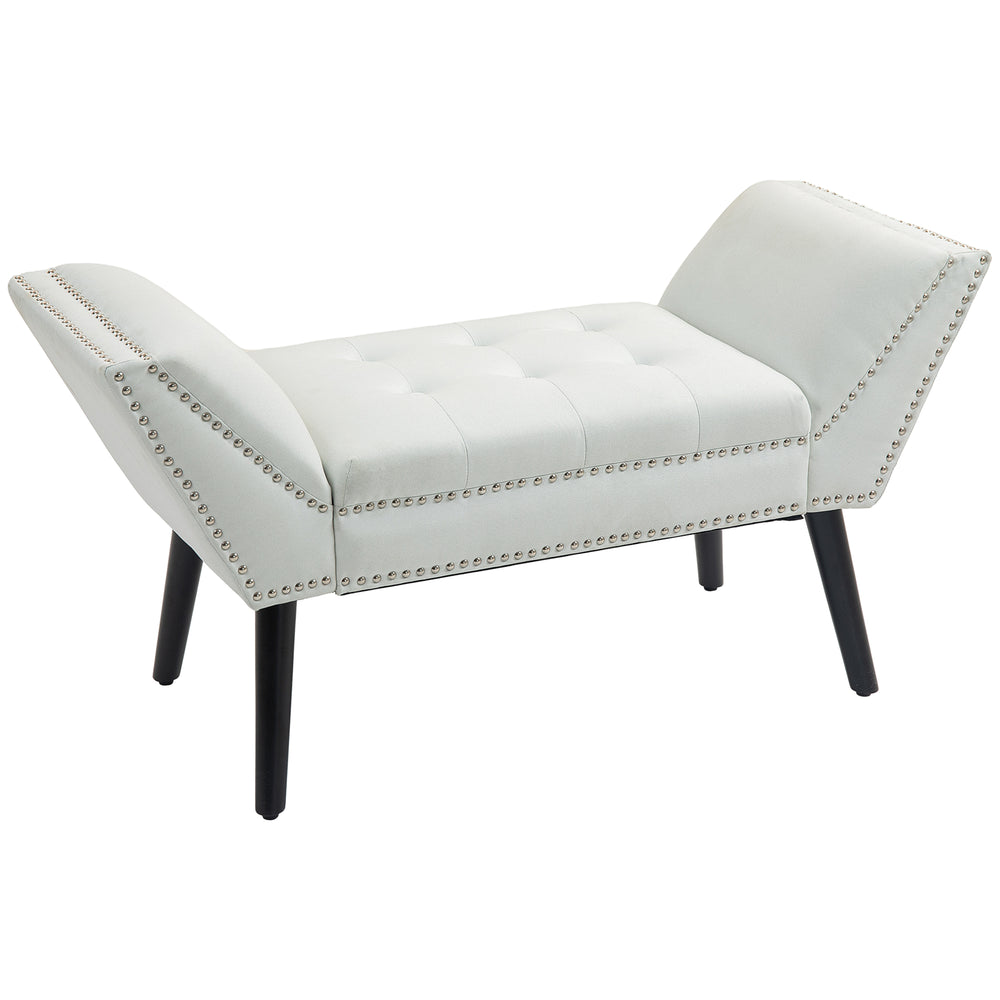 Banc rembourré moderne avec accoudoirs et garniture cloutée, blanc