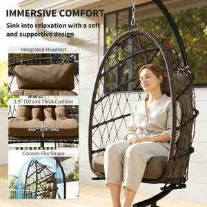 Fauteuil suspendu avec support, en rotin tressé avec coussin épais et corde de sécurité, marron