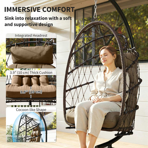 Fauteuil suspendu avec support, en rotin tressé avec coussin épais et corde de sécurité, marron