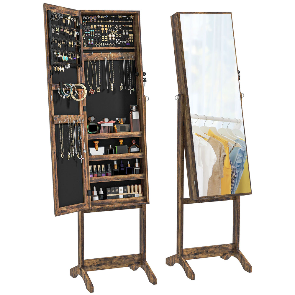 Armoire à bijoux verrouillable avec miroir pleine longueur et rangement pour bijoux, marron rustique