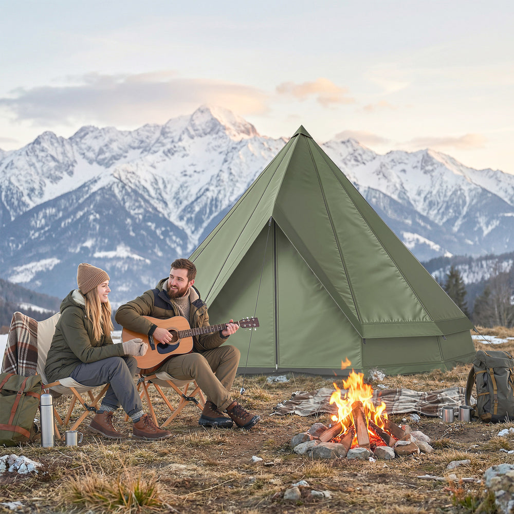Tente tipi imperméable avec sortie pour poêle, idéale pour 4 à 6 personnes en camping ou en randonnée, kaki