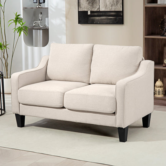 Modern sofa with pocket springs, linen upholstery, thick padding, beige