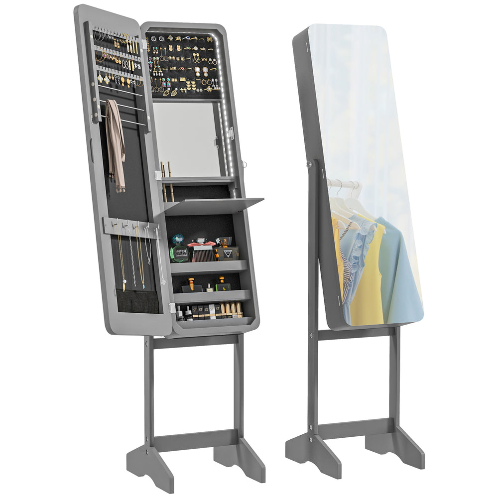 Armoire à bijoux sur pied avec miroir et LED à angle réglable, gris