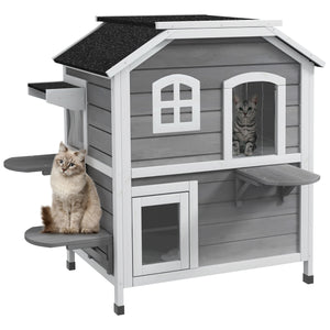 Maison à deux étages pour chats en bois avec toit ouvrant, grise