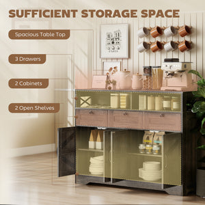 Buffet with 4 barn-style sliding doors with 3 drawers and adjustable shelves, dark brown