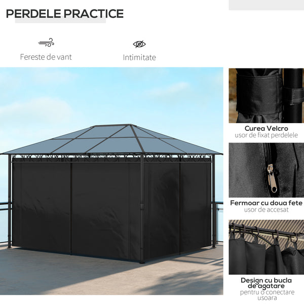 Gazebo de jardin 13' x 10' en polycarbonate rigide, avec cadre en aluminium et rideaux, gris foncé