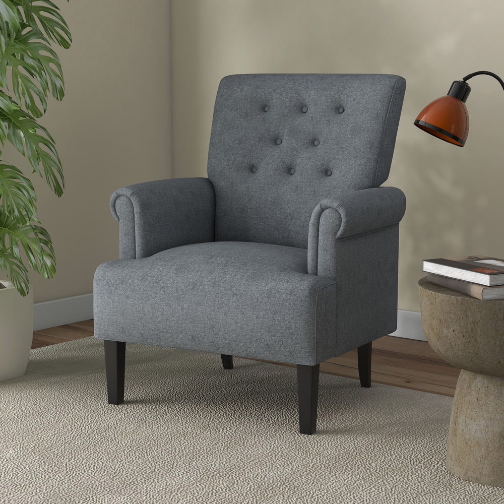 Fauteuil d'appoint en tissu avec pieds en bois et accoudoirs arrondis, gris