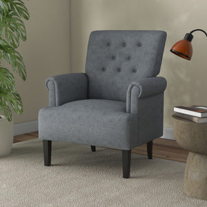 Fauteuil d'appoint en tissu avec pieds en bois et accoudoirs arrondis, gris